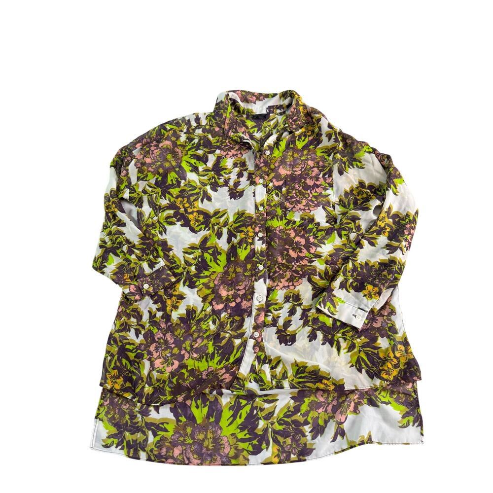 Topshop Sheer Floral Button Front Blouse US 4 3/4 Sleeve Collared Lightweight